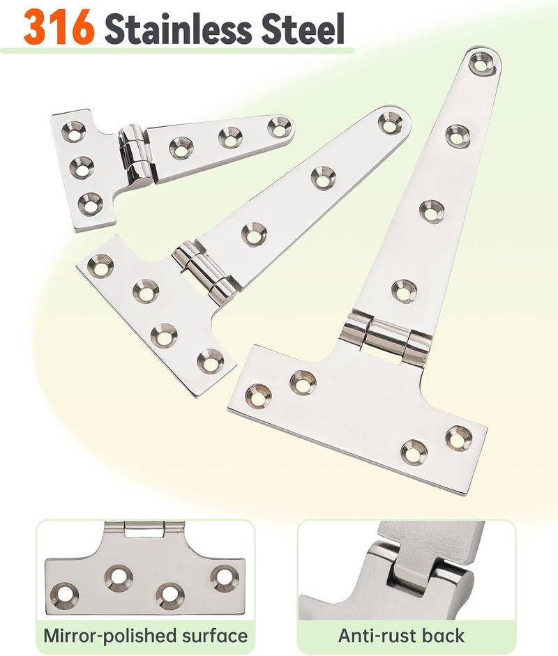 Turnirace 316 Stainless Steel 6 in x 3 in T Hinges, Marine Grade Heavy Duty Hinges with Screws for Hatch, Yacht, Gate, Door, Fence, Barn, Cabinets, Windows (2 Pack) - Image 3